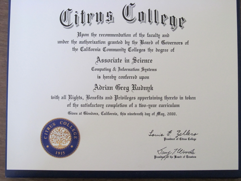 AS in Computing & Information Systems, Citrus College, Glendora CA